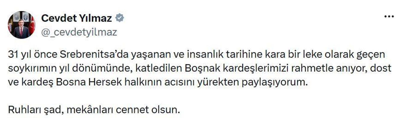Cevdet Yılmaz, Srebrenitsa Soykırımı'nda hayatını kaybedenleri andı