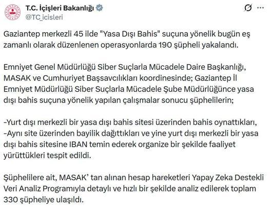 Gaziantep merkezli 45 ilde 'yasa dışı bahis' operasyonu; 190 gözaltı