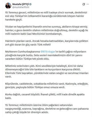 Bakan Çiftçi'den '15 Temmuz' mesajı