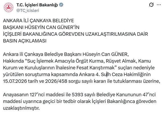 Çankaya Belediye Başkanı Güner, görevden uzaklaştırıldı