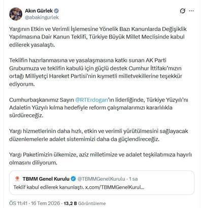 Bakan Gürlek’ten yasallaşan 12’nci Yargı Paketi ile ilgili açıklama