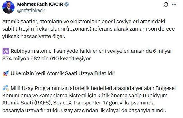 Bakan Kacır: Ülkemizin yerli atomik saati uzaya fırlatıldı