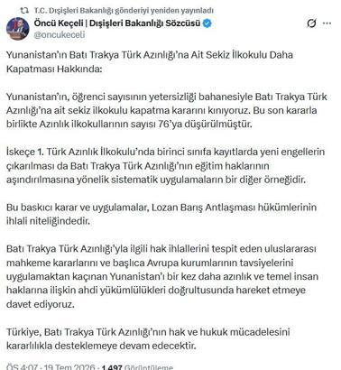 Bakanlık: Yunanistan'ın Batı Trakya Türk azınlığına ait 8 ilkokulu kapatma kararını kınıyoruz