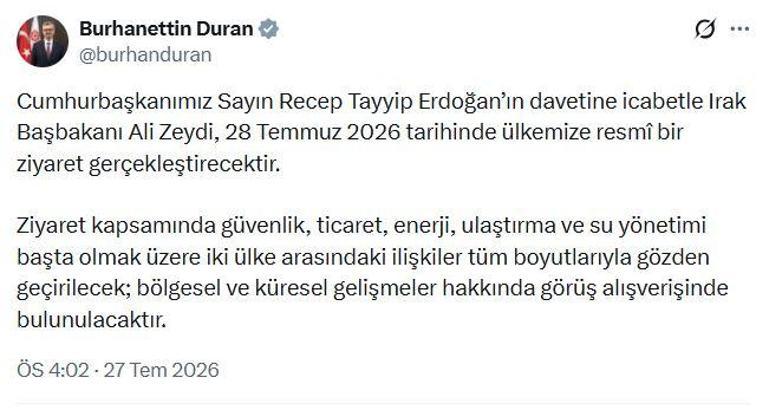 Irak Başbakanı Zeydi, Türkiye'ye gelecek