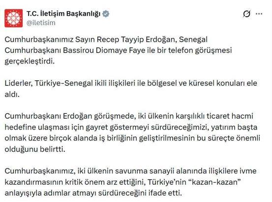 Cumhurbaşkanı Erdoğan, Senegal Cumhurbaşkanı Faye ile telefonda görüştü