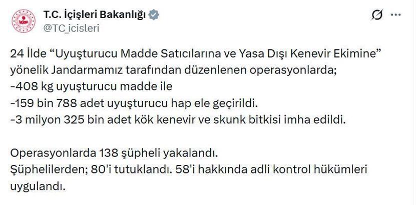 24 ilde uyuşturucu operasyonları: 80 tutuklama