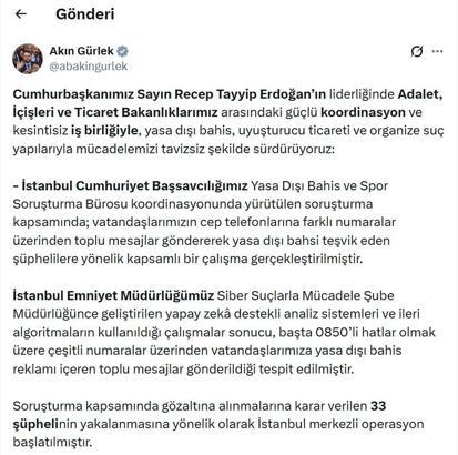 Yasa dışı bahis mesajlarına operasyon: 33 gözaltı kararı