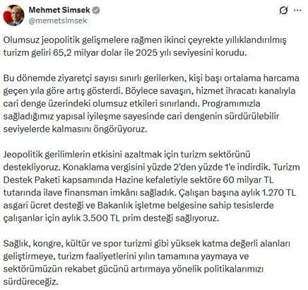 Bakan Şimşek: Turizm sektörünü destekliyoruz