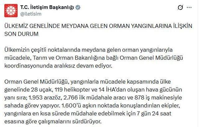 İletişim Başkanlığı'ndan yurt genelindeki orman yangınlarına ilişkin açıklama