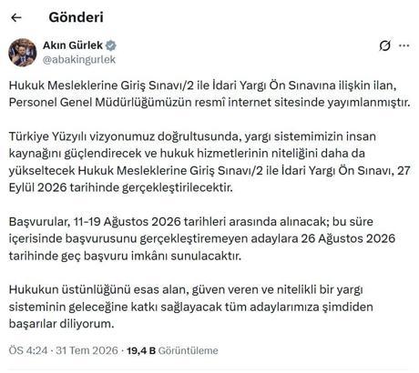Hukuk Mesleklerine Giriş ve İdari Yargı Ön Sınavı 27 Eylül'de yapılacak