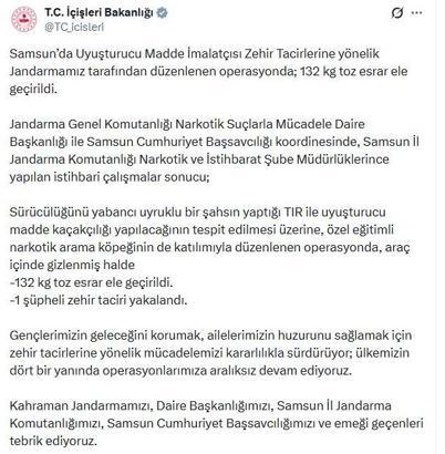 Samsun'da 132 kilo toz esrar ele geçirildi; 1 gözaltı
