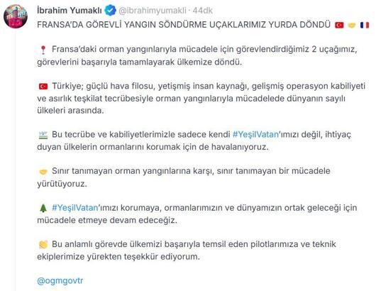 Bakan Yumaklı: Fransa'da görevli yangın söndürme uçakları ülkemize döndü