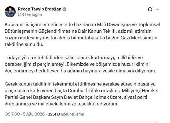 Cumhurbaşkanı Erdoğan: Milli birliğimizi perçinlemeyi hedefleyen bu adımın hayırlara vesile olmasını diliyorum