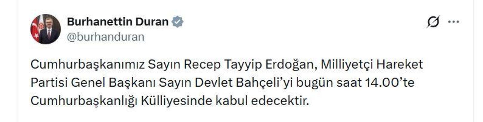 Cumhurbaşkanı Erdoğan, Bahçeli'yi kabul edecek