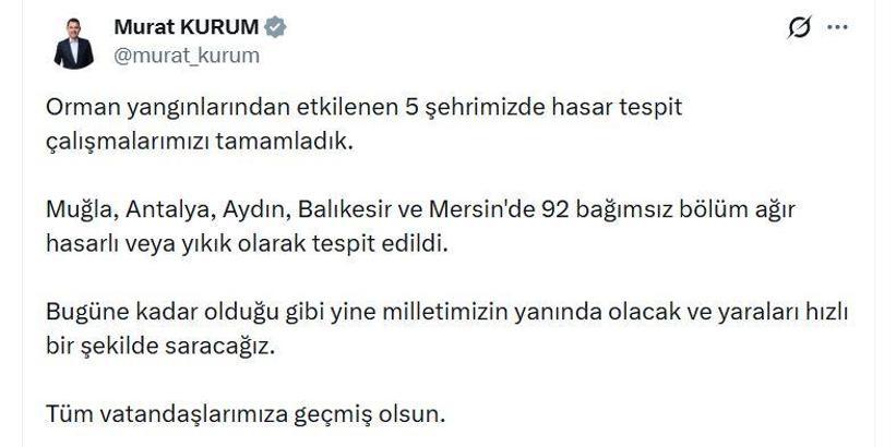 Orman yangınından etkilenen 5 ilde hasar tespit çalışmaları tamamlandı