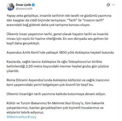 AK Parti'li Çelik'ten Aspendos'ta bulunan 'Asklepios' heykeline ilişkin paylaşım