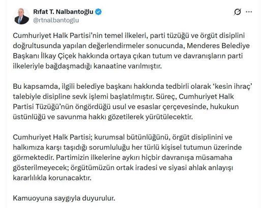 Menderes Belediye Başkanı Çiçek, CHP'den kesin ihraç talebiyle disipline sevk edildi