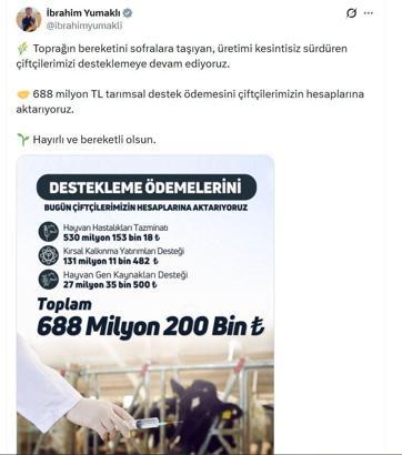 Çiftçilere 688 milyon lira tarımsal destek