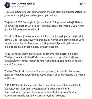 Bakan Bolat: Habur Gümrük Kapımızda 2026'nın günlük TIR çıkış rekorunu kırdık