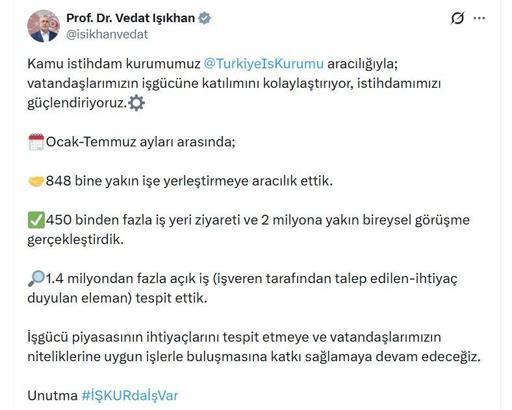 Bakan Işıkhan: 7 ayda 848 bine yakın işe yerleştirmeye aracılık ettik