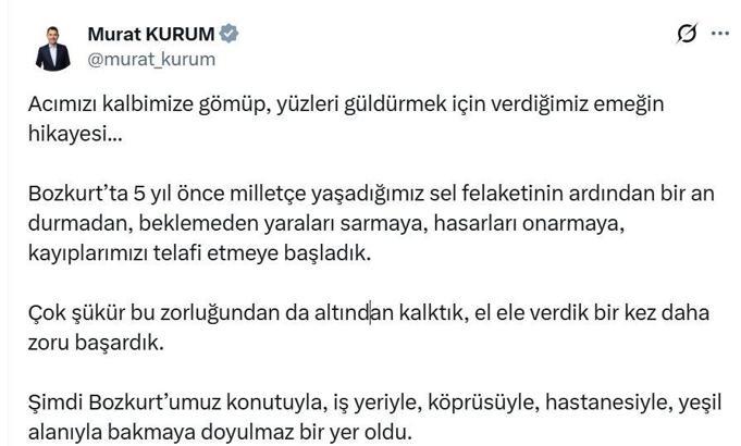 Bakan Kurum'dan Bozkurt'taki sel felaketinin 5'inci yıl dönümüne ilişkin paylaşım