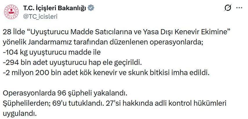 28 ilde uyuşturucu operasyonu; 69 tutuklama