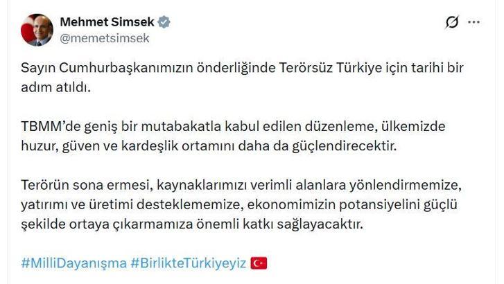 Bakan Şimşek: Terörün sona ermesi, ekonomimizin potansiyelini güçlü şekilde ortaya çıkarmamıza katkı sağlayacak
