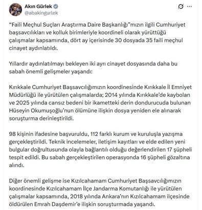 Bakan Gürlek: 4 ayda 35 faili meçhul cinayet aydınlatıldı
