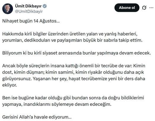 Ümit Dikbayır: Hakkımda üretilen yalan haberleri sabırla takip ettim