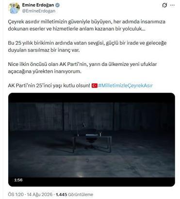 Emine Erdoğan: AK Parti'nin 25'inci yaşı kutlu olsun