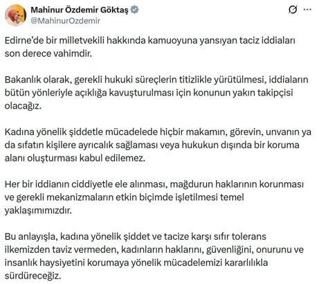 Bakan Göktaş: Milletvekili hakkındaki taciz iddiasının açıklığa kavuşması için konunun takipçisi olacağız