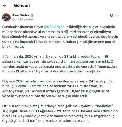 Bakan Gürlek: 2026 yılında ülkemize iade edilen şahıs sayısı 245'e ulaştı