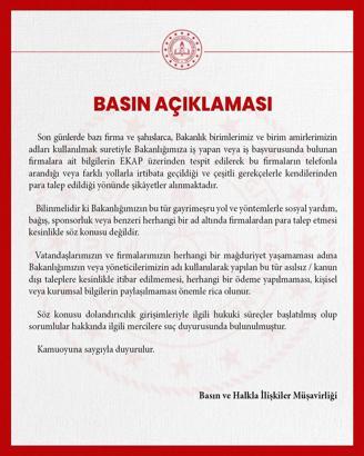 MEB: Bakanlığımızın sosyal yardım veya bağış adı altında firmalardan para talep etmesi söz konusu değildir
