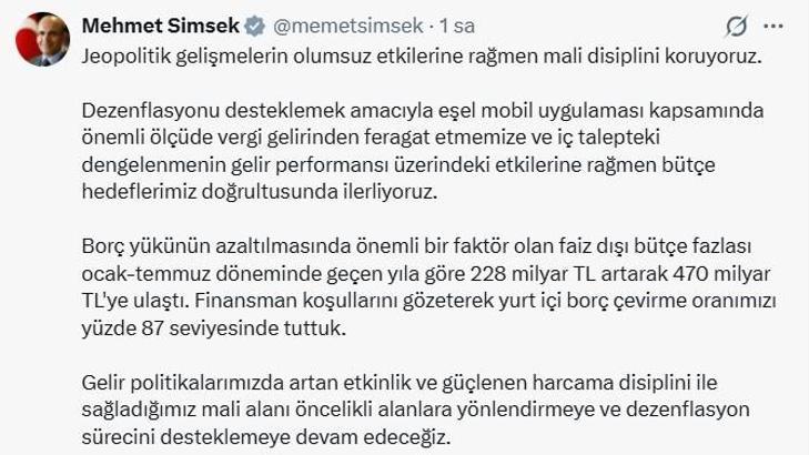 Bakan Şimşek: Dezenflasyon sürecini desteklemeye devam edeceğiz