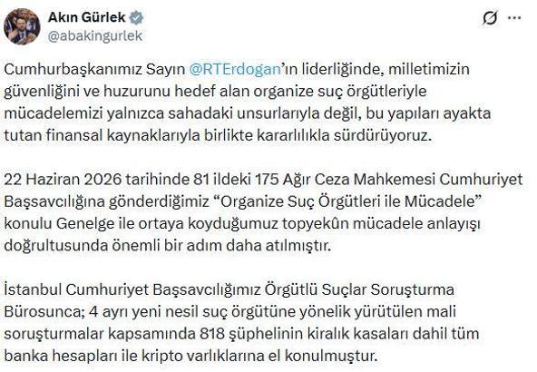 Bakan Gürlek: 818 şüphelinin banka hesapları ile kripto varlıklarına el konuldu