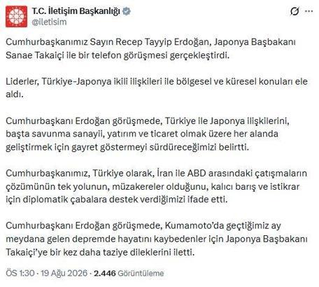 Cumhurbaşkanı Erdoğan, Japonya Başbakanı Takaiçi ile telefonla görüştü