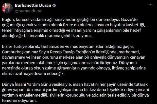 İletişim Başkanı Duran'dan 'Dünya İnsani Yardım Günü' mesajı