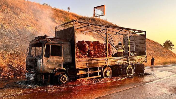 Manisa'da seyir halindeki TIR alev alev yandı
