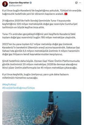 Bakan Bayraktar: Karadeniz'deki toplam doğal gaz rezervimizi 785 milyar metreküpe ulaştırdık
