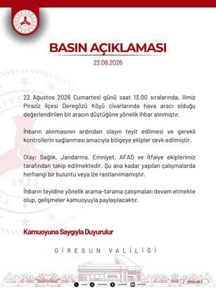 Giresun’da hava aracı düştüğü ihbarı