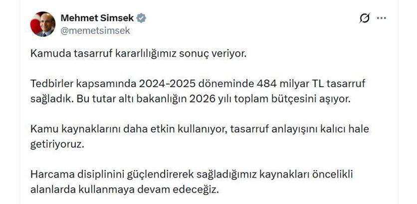 Bakan Şimşek: Kamuda 484 milyar TL tasarruf sağladık