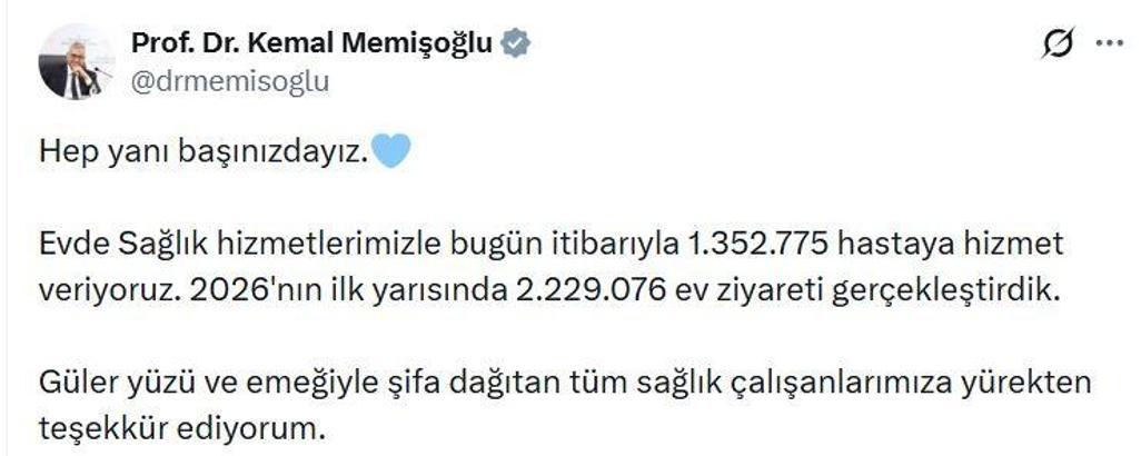Bakan Memişoğlu: Evde sağlık hizmetlerimizle 1 milyon 352 bin 775 hastaya hizmet veriyoruz