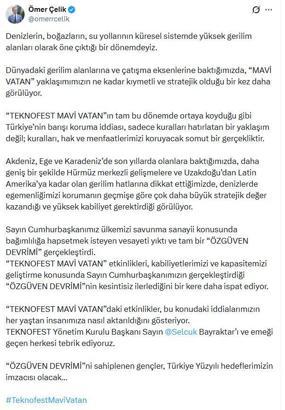 AK Parti'li Çelik'ten 'TEKNOFEST Mavi Vatan' paylaşımı