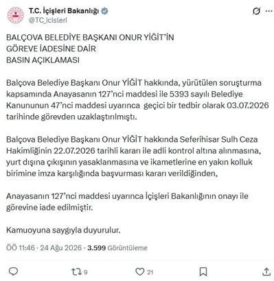 Balçova Belediye Başkanı Onur Yiğit, görevine iade edildi
