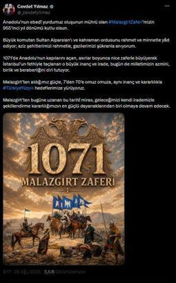 Cumhurbaşkanı Yardımcısı Yılmaz'dan 'Malazgirt Zaferi' mesajı