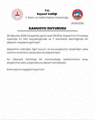 Kayseri'de 4.1 büyüklüğünde deprem