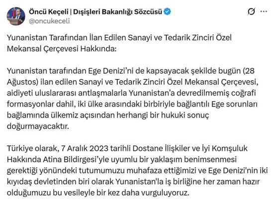Dışişleri Sözcüsü Keçeli: Yunanistan'ın ilan ettiği mekansal çerçeve, ülkemiz açısından hukuki sonuç doğurmayacaktır