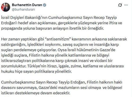 İletişim Başkanı Duran'dan, İsrail'in Cumhurbaşkanı Erdoğan'ı hedef alan açıklamasına tepki