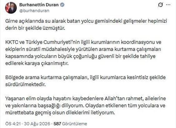 İletişim Başkanı Duran'dan Girne'de batan gemiye ilişkin açıklama