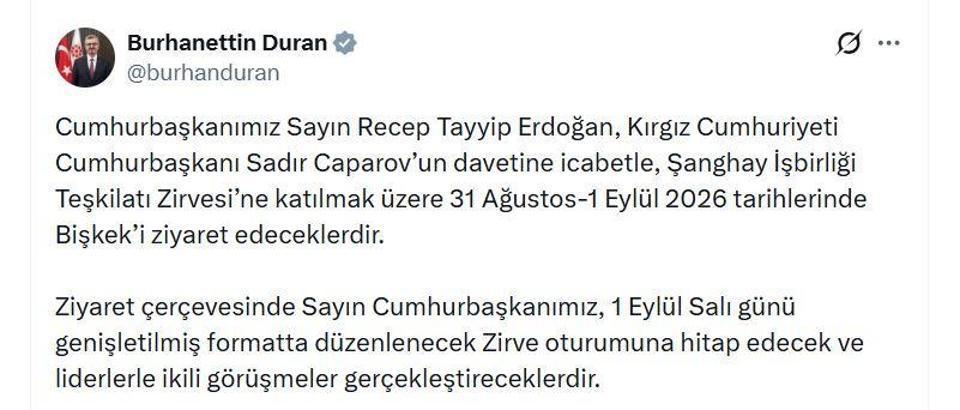 Cumhurbaşkanı Erdoğan, yarın Kırgızistan'a gidecek